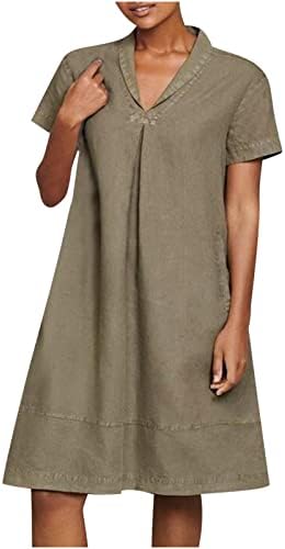 Ženske pamučne lanene haljine ljetna Ležerna V-izrez džepna jednobojna nepravilna kratka rukava lanena Mini haljina