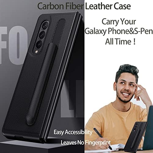 Galaxy Z Fold 3 futrola sa držačem za olovku-Z Fold 3 futrola za Galaxy telefon & amp; S-Pen svestrana zaštita，koža od karbonskih vlakana Samsung Galaxy Z Fold 3 futrola ima S-Pen držač Crni