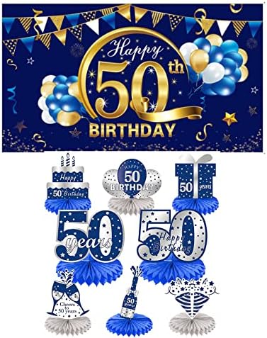 Plavo zlato 50. rođendan dekoracije Kit za muškarce, veliki Happy 50 rođendan pozadina potrepštine, pedeset rođendan fotografija pozadina znak dekor