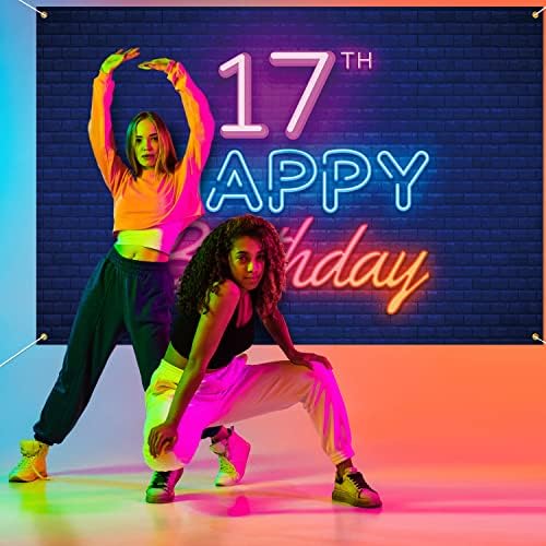 SJAJ Neon Happy 17. rođendan Backdrop Banner Decor crna - Šareno užari 17 godina Old Rođendanska zabava Dekoracije za dječake Djevojke