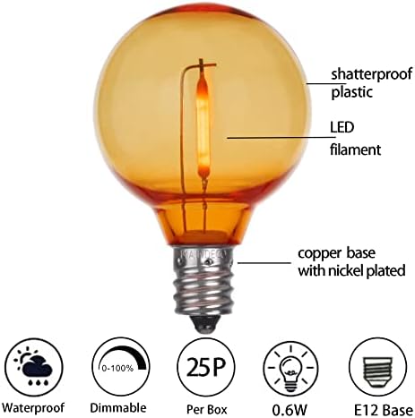 MAINDECO 25pack G40 višebojne LED zamjenske sijalice, E12 / C7 Candelabra Base Shatterproof LED 0.6 Watt Globus Božićne zamjenske sijalice za unutrašnje vanjsko svjetlo za terasu