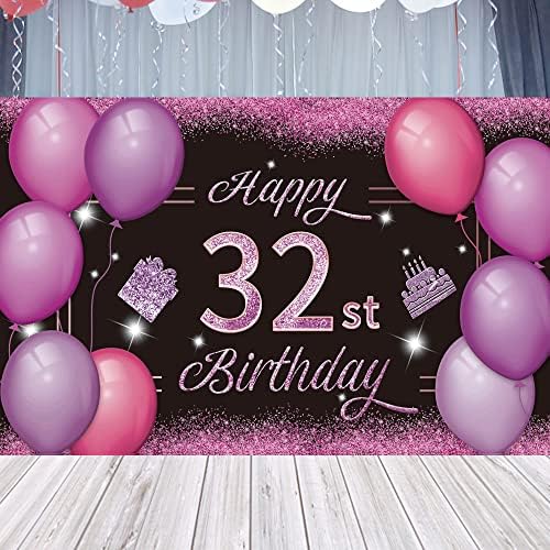 Happy 32st Birthday Backdrop Banner Pink Purple 32th Sign Poster 32 birthday party Supplies for Anniversary Photo Booth Photography