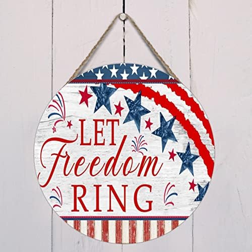 Drveni znak Let Freedom Ring Star Fireworks potpisuju Patriotska američka zastava 4. srpnja Custom potpisuje Kuhinjski dekor Rustikalno drvo viseće znakov 12x12in