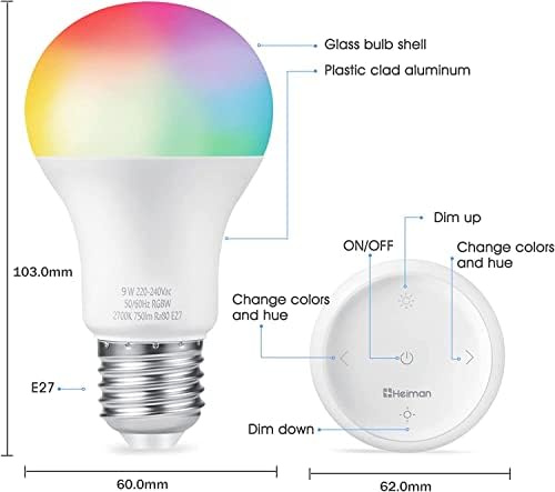 HEIMAN Zigbee pametne LED Sijalice, sijalica za punjenje u boji A19 E26 sa prekidačem za prigušivanje, 9W RGB bežična LED čarobna