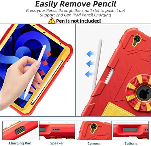 Tsqqst iPad CASE CASE 5. generacija sa staklenim zaslonom zaštitnika 2022 2020 | iPad Air 10,9 inča za djecu | Zaštitna futrola otporna na udarce sa držačem olovke + postolje za iPad Air 4. gen | Crvena žuta