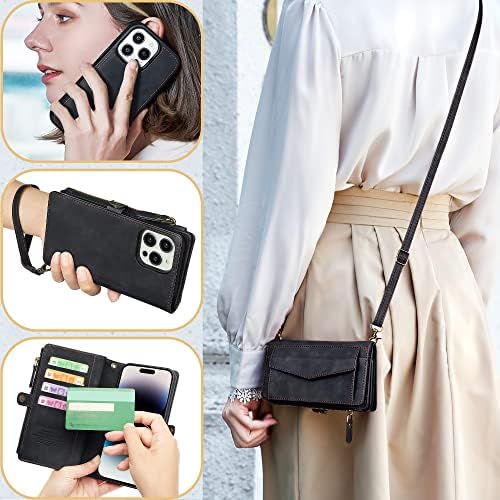 Dkdksip iPhone 14 Plus torbica za novčanik za žene, podržava bežično punjenje sa RFID držačem za blokirajuće kartice, kožni Patentni zatvarač 2 u 1 odvojiva magnetna futrola za telefon sa narukvicom preko naramenice, Dream Black