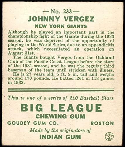 1933 Goudey # 233 Johnny Vergez New York Giants Vg / Ex Divovi
