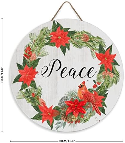 Rustikalni okrugli drveni znak mir kardinal crvena ptica vijenac pozitivni drveni plak potpisan citat rustikalni božić u nebu memorijalno