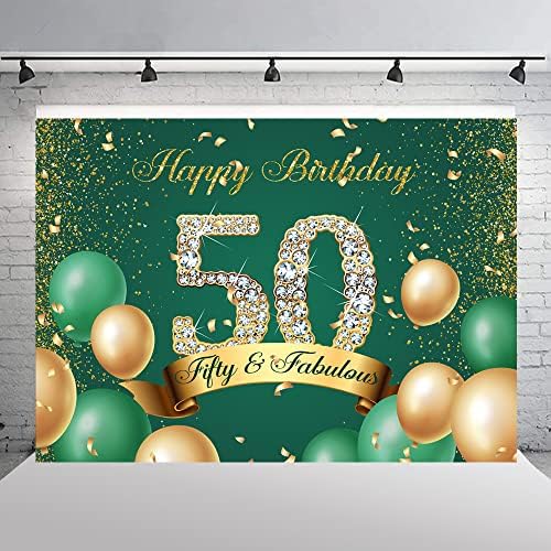 Ticuenicoa 7×5ft Green Happy 50th Birthday Backdrop Glitter Army Green Gold Dots pedeset Fabulous Women Men 50th Birthday Party Banner Wall Decor Gold Green Balloons Happy Fifty Birthday Background