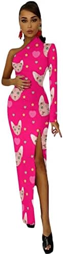 Sphynx Cat Stars Ženska haljina jedno rame Dugi rukav Split Maxi haljina za ljuljanje
