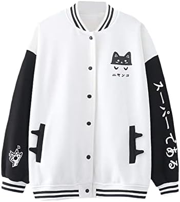 Slatka mačka bejzbol jakna dukserica s dugim rukavima, ležerna dukserica za prevelike kawaii Ispis pulover estetski kaput za djevojku