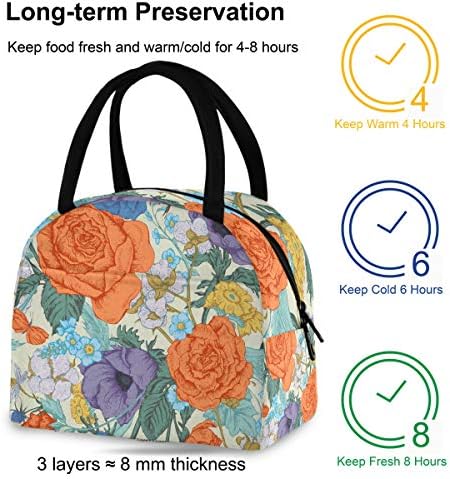 Izolovana torba za ručak žene - Flower Birds ostavlja Vintage veliku nepropusnu torbu za ručak sa naramenicama za rad