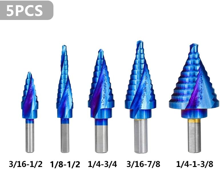 ZTHOME Step Drill Bit Spiral Groove Inch Step Cone Drill Blue Coated Wood Metal Hole 1set
