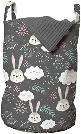 Ambesonne Rabbit torba za pranje veša, dizajn sa uspavanim smešnim Zečićima Pahuljastim belim oblacima i cvećem, korpa za korpe sa