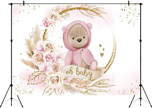 Aperturee Pink Floral Baby tuš pozadina 7x5ft Boho medvjed akvarel cvijeće Oh djevojčica princeza svjetlucave zlatne tačke fotografija