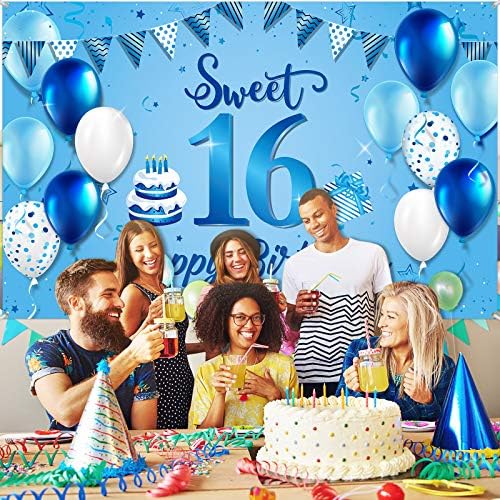 Slatki baner za pozadinu za 16. rođendan, izuzetno velika tkanina plavi natpis za 16. rođendan sa fotografijom pozadinski Baner sa