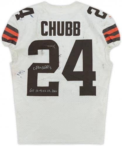 Uokvirena Nick Chubb Cleveland Browns Autogramirana igra-rabljena # 24 Bijeli Jersey vs. Houston Texans 4. decembra 2022. sa Igra Polovni natpis - autogramirani NFL dresovi