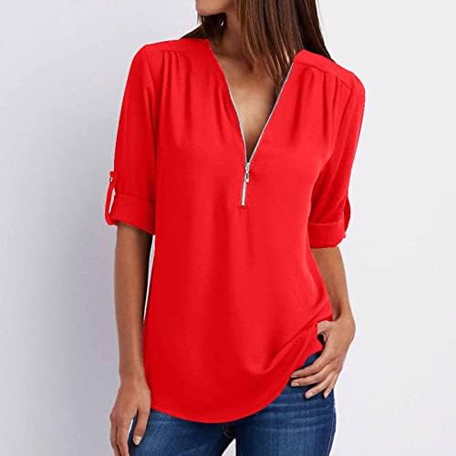 Ljetnje s ljetovanjem LCEPCY Plus veličina majica Zipper V-izrez Dugih rukava Tun je obični labavi bluze 2023 modna odjeća