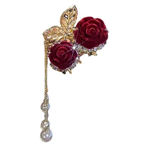Haibinsuo metalna kandža za kosu, sjajni remen dugih rub perle dekor kose kandže Elegantna crvena ruža cvijet dekor za kosu za kosu