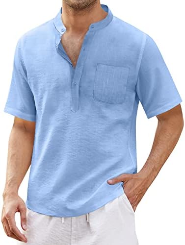 XXBR muške pamučne posteljine Henley majice kratki rukav hipi Ležerne prilike bez navlake bez rukava sa džepom