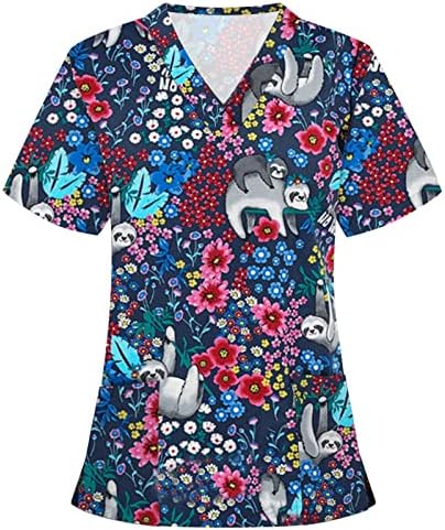 Ženski životinjski štampani piling vrhovi Plus Veličina V-izrez zabavne majice radna odjeća medicinska uniforma Tee sa džepovima