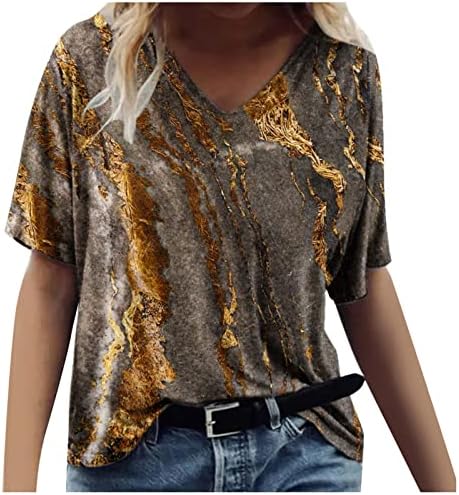 Ženski gornji kratki rukav pamučna posada duboki V izrez mramorna grafika labavog kroja Casual bluza majica za tinejdžerke 1Q