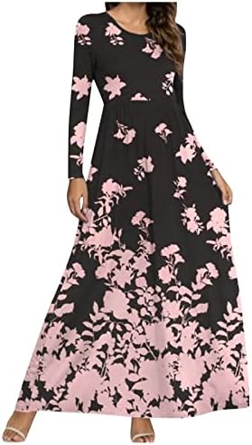 ADHOWBEW boho haljina za žene Casual cvjetni Print dugački rukav Maxi haljina Moda Smocked O vrat plus size haljina