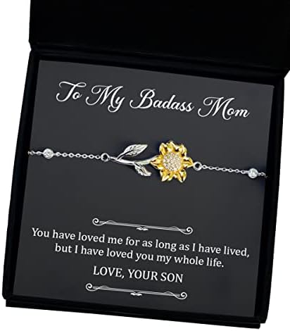 BADASS MOM pokloni, mama narukvica od sina, srebrna narukvica od srebra sa 14k zlatnim šarmom suncokreta, nakit za mamu od sina, rođendanske