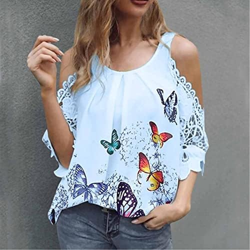 Ženske prevelike majice za majice Žene Ležerne košulje Ljeto od ramena Top čipke rukava Srednja dugačka rukava tiskana t