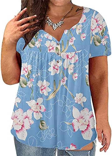 Plus size Ljetne tuničke vrhove za žene modni ruširani cvjetni print majica V izrez kratkih rukava Bluze sa gumbom